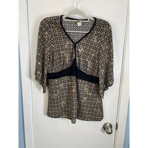 VTG Y2K Babydoll Blouse Medium Gold Abstract Whimsygoth Flutter Sleeve 90s